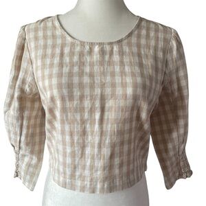 NLT White and Tan Gingham Cropped Peasant Blouse US M